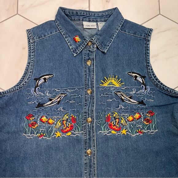 Cabin Creek Vintage Sleeveless Embroidered Button Front Denim Top Size Small - Picture 2 of 8